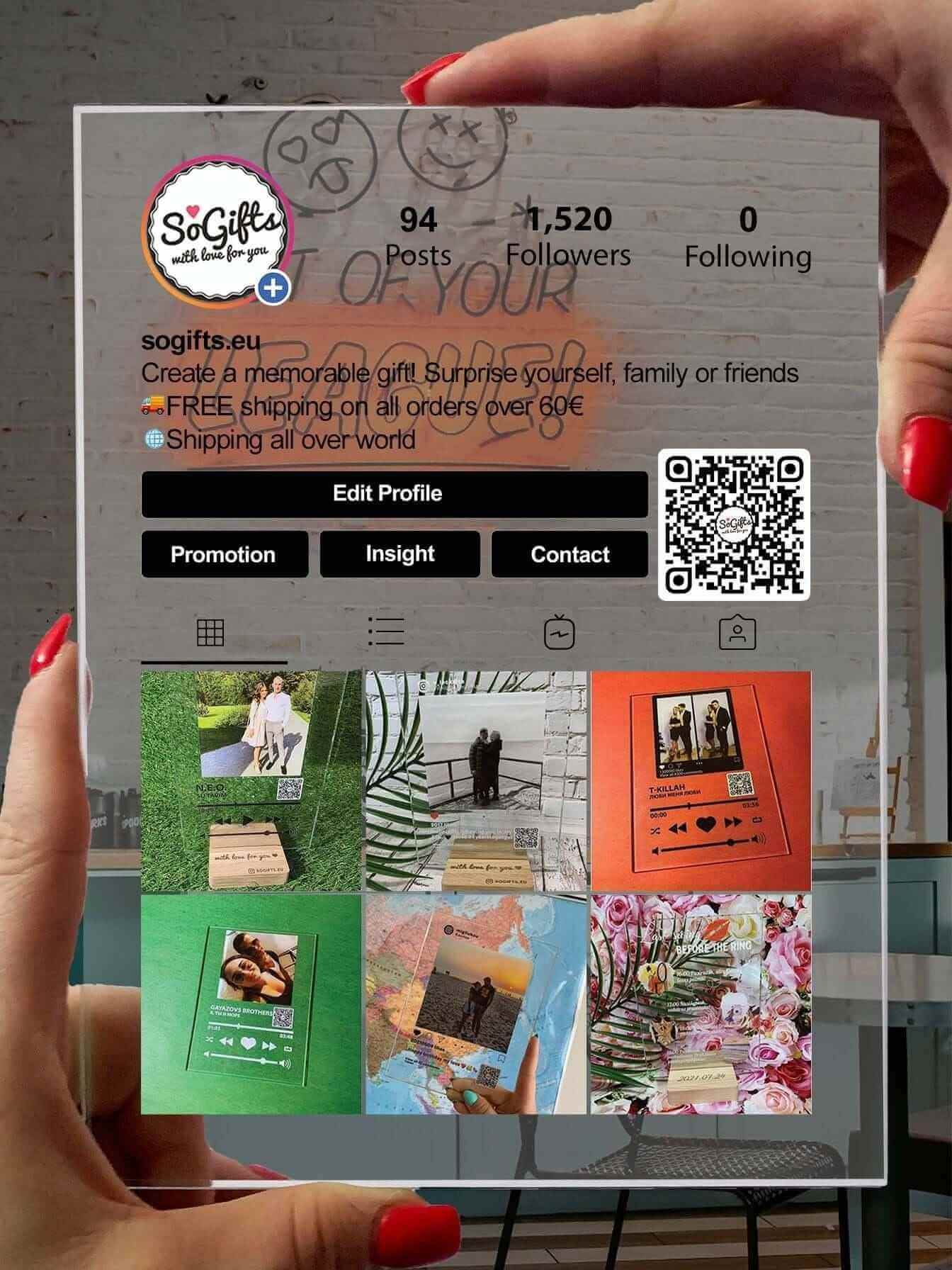 Personalised "Instagram Profile" glass poster-Personalised "Instagram Profile" template with scannable QR code, high quality printed on the glass. These make the perfect gift. Order yours now 👉 sogifts.eu-black, glass poster, instagram, new, qrcode, white-Personalized products-sogifts.eu